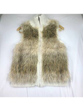 Justice Girls White Knit Sweater Vest Shaggy Faux Fur Full Zipper Y2K Boho 16